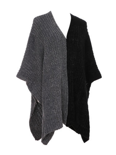 Two Toned Soft Knitted Corduroy Poncho Ruana V-Neck Layered Black