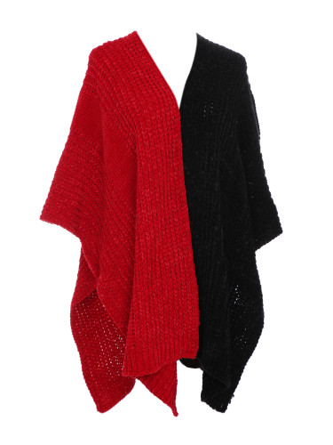 Two Toned Soft Knitted Corduroy Poncho Ruana V-Neck Layered Red