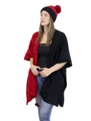 Two Toned Soft Knitted Corduroy Poncho Ruana V-Neck Layered Red