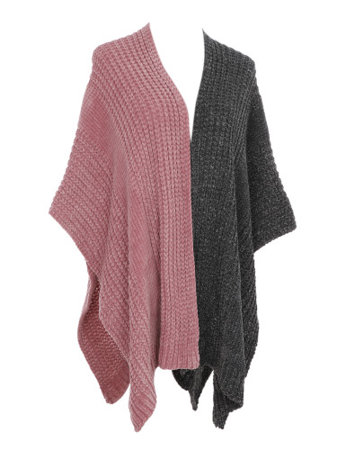 Two Toned Soft Knitted Corduroy Poncho Ruana V-Neck Layered Pink