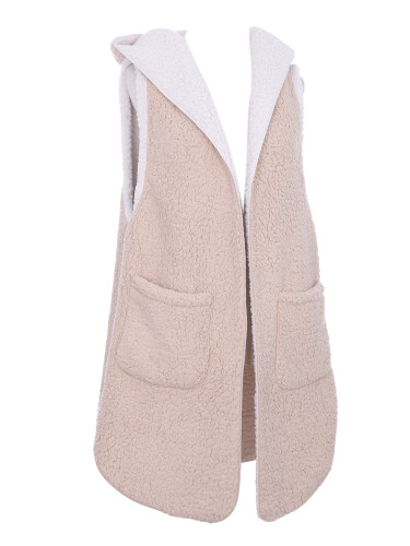 Cozy Soft Sherpa Hooded Vest with Pockets Sleeves Beige Size Small