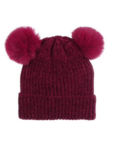Double Pom Pom Thick Knitted Beanie Hat Faux Fur Lined, Solid Burgundy