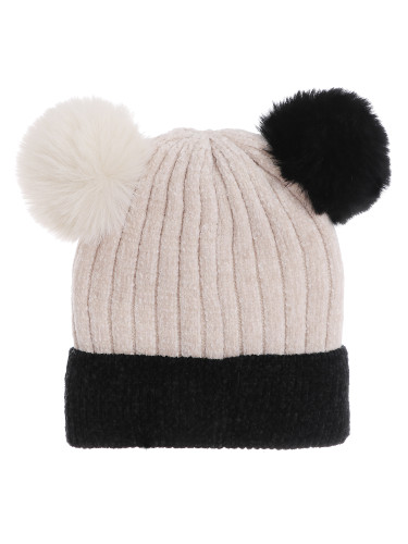 Double Pom Pom Thick Knitted Beanie Hat Faux Fur Lined, Two Tone Beige Black