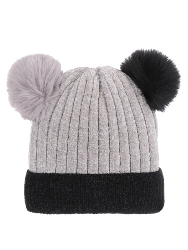 Double Pom Pom Thick Knitted Beanie Hat Faux Fur Lined, Two Tone Grey Black