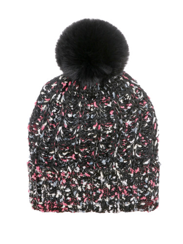 Chunky Knit Multicolor Knitted Beanie Hat Faux Fur Lined Black