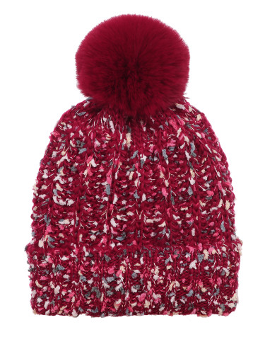 Chunky Knit Multicolor Knitted Beanie Hat Faux Fur Lined Burgundy