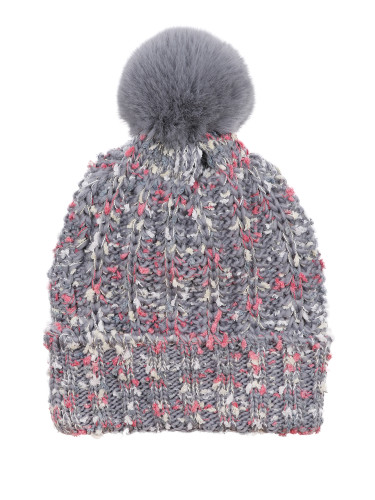 Chunky Knit Multicolor Knitted Beanie Hat Faux Fur Lined Grey