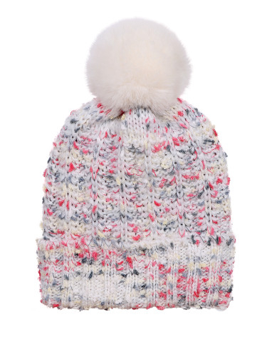 Chunky Knit Multicolor Knitted Beanie Hat Faux Fur Lined Ivory