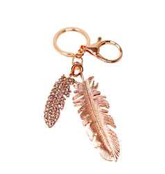 Rhinestone Feather Keychain Bag Charm Rose Gold