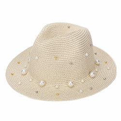 Pearl & Beads Fedora Hat Beige