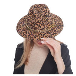 Animal Leopard Print Wide Brim Felt Fedora Hat with Gold Chain