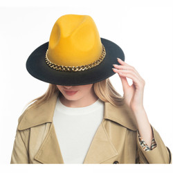 Ombre Mustard Felt Fedora Hat with Gold Chain