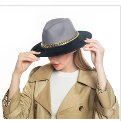 Ombre Grey Felt Fedora Hat with Gold Chain