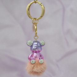 Glossy Teddy Bear with Pom Pom and Rhinestone Keychain Bag Charm Pink