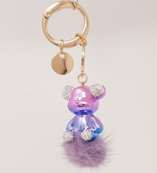 Glossy Teddy Bear with Pom Pom and Rhinestone Keychain Bag Charm Purple