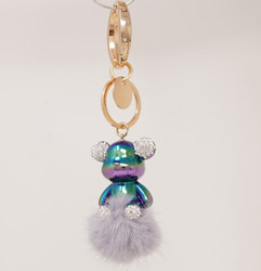 Glossy Teddy Bear with Pom Pom and Rhinestone Keychain Bag Charm Grey
