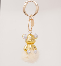 Glossy Teddy Bear with Pom Pom and Rhinestone Keychain Bag Charm Gold