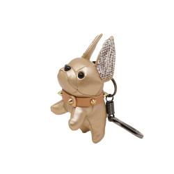 Stuffed Frenchie with Rhinestone Keychain Bag Charm Gold