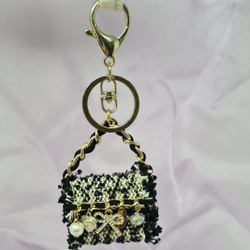 Love Heart Charms Tweed Purse Keychain Bag Black