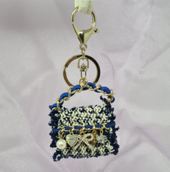 Love Heart Charms Tweed Purse Keychain Bag Blue