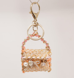Love Heart Charms Tweed Purse Keychain Bag Pink