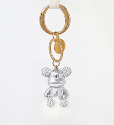Glossy Teddy Bear with Pom Pom and Rhinestone Keychain Bag Charm Silver