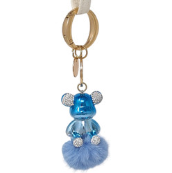 Glossy Teddy Bear with Pom Pom and Rhinestone Keychain Bag Charm Blue
