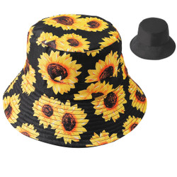 Sunflowers Print Bucket Hat Black Reversible Black