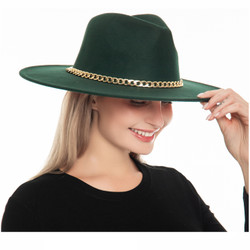 Vintage Style Teardrop Crown Felt Wide Brim Hat Hunter Green with Chain