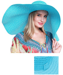 Super Size 10" Wide Brim Straw Hat Packable Wired Blue