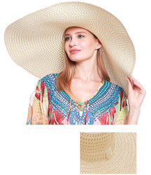 Super Size 10" Wide Brim Straw Hat Packable Wired Beige