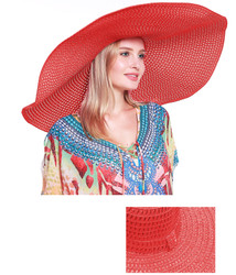 Super Size 10" Wide Brim Straw Hat Packable Wired Red