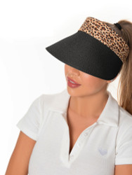 Rollup Visor Straw Hat Leopard Trim Black