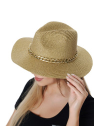 Shimmering Metallic Straw Hat Gold with Chain