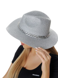 Shimmering Metallic Straw Hat Silver with Chain