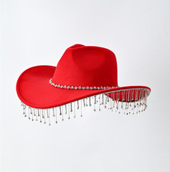 Red Bling Cowboy Felt Fedora Wide Brim Hat 