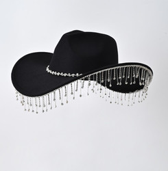 Black Bling Cowboy Felt Fedora Wide Brim Hat 