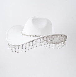 White Bling Cowboy Felt Fedora Wide Brim Hat 