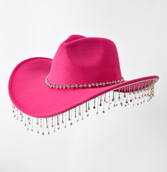 Fuchsia Bling Cowboy Felt Fedora Wide Brim Hat 