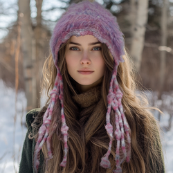 Soft Mohair-Style Ear Flap Beanie w/ Long Braided Tassels Pink