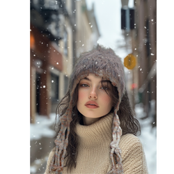 Soft Mohair-Style Ear Flap Beanie w/ Long Braided Tassels Brown