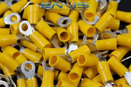10-12 GAUGE VINYL RING 1/4  CONNECTOR 100 PK YELLOW CRIMP TERMINAL AWG WIRE 