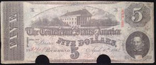 1863 5 DOLLAR CONFEDERATE NOTE PICTORIAL OF PLANTATION