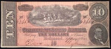 1864 10 DOLLAR CONFEDERATE NOTE HORSES AND CANNON PICTORIAL