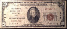 1929 20 DOLLAR NATIONAL CHAMPAIGN BANK URBANA OHIO #916