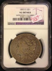 1893-S MORGAN SILVER DOLLAR NGC CERTIFIED VG DETAILS IMPROPERLY CLEANED