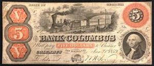 1859 5 DOLLAR BANK OF COLUMBUS, MARYLAND PICTORIAL OF STEAM ENGINE VERY FINE