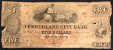 1858 5 DOLLAR CUMBERLAND CITY BANK CUMBRLAND, MARYLAND GOOD VERY RARE