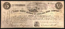1859 5 DOLLAR TERRE HAUTE ALTON & ST. LOUIS RAIL ROAD COMPANY VERY FINE