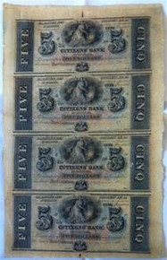 1800's THE CITIZEN'S BANK OF LOUISIANA, NEW ORLEANS 5 DOLLAR 4 NOTE UNCUT SHEET!